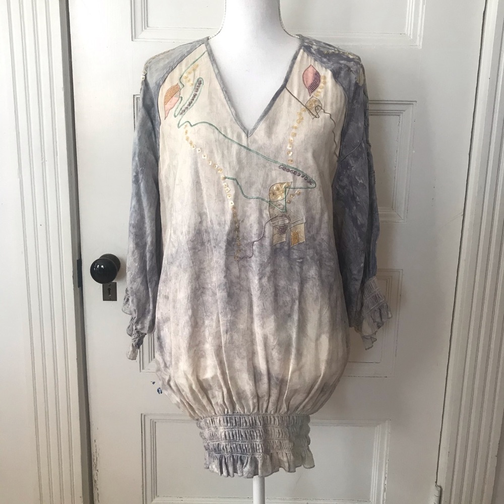 Vintage Marc D'Alcy Cream Gray Watercolor Embellished Tunic Top w/ Elastic Waist